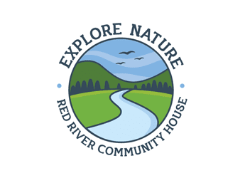 community center logo with river trees mountains birds flying in circle