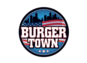 buildings silhouette in a circle with US flag fast food restaurant logo design contest