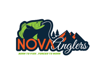 fishing logo with fish, fishing rod, mountains and pine trees