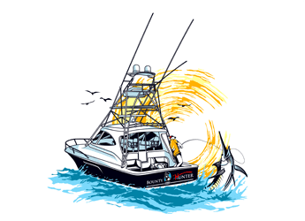 fishing logo with fishing boat, rod, swordfish, sea, birds and sun