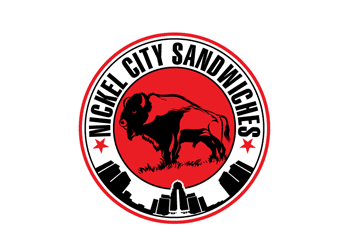 cityscape in circle with bison in center logo for sandwich bar