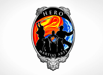 martial arts logo wiith lion, yin and yang, samurai sword and a figure doing forms or stance