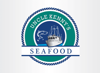 jumping fish with boat sea food emblem