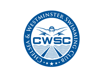 round swimming club logo with stars, waves and a swimmer